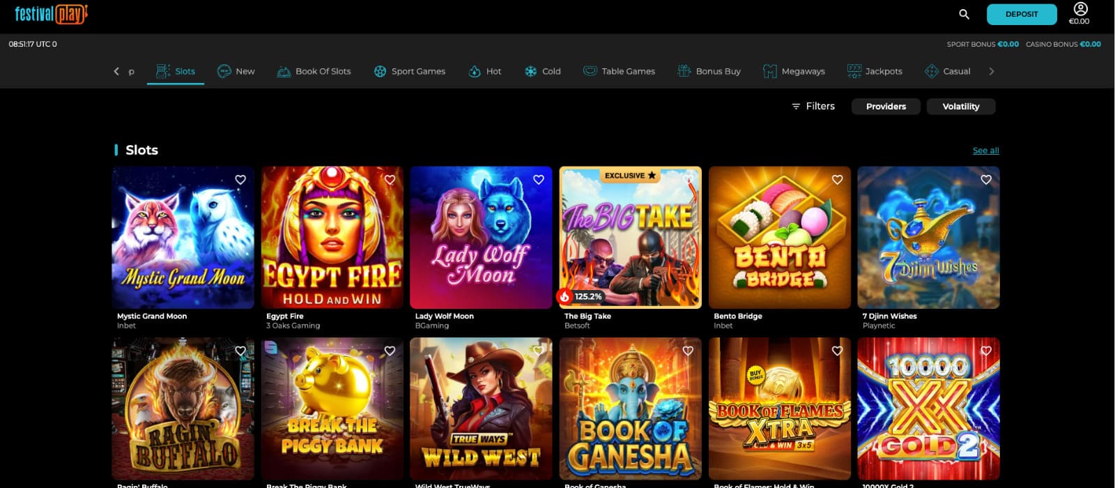 FestivalPlay Casino games page showing slot titles alongside category, provider, volatility, and other filtering options.