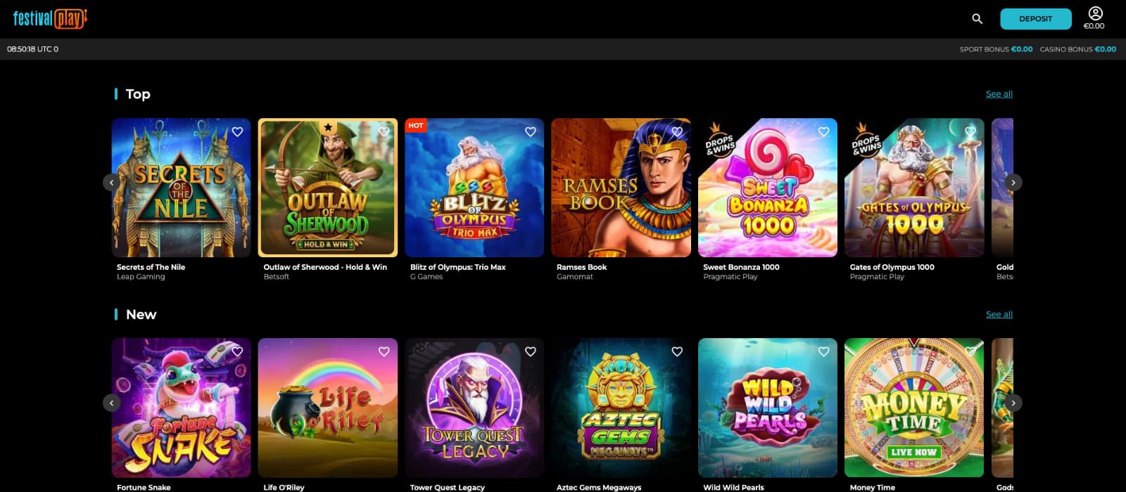 FestivalPlay Casino landing page showing Top and New game sections with titles from multiple software providers.
