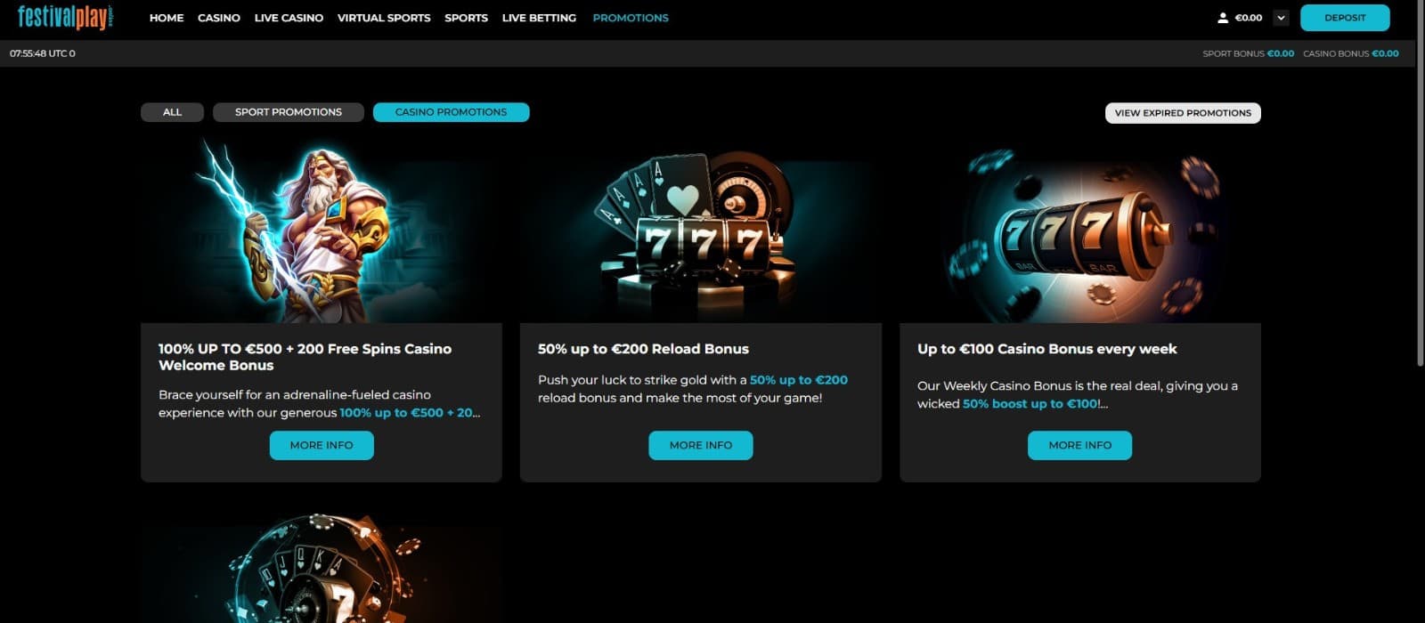  The promotions page of FestivalPlay Casino displays a range of casino offers, such as the welcome bonus, the reload bonus, and more.