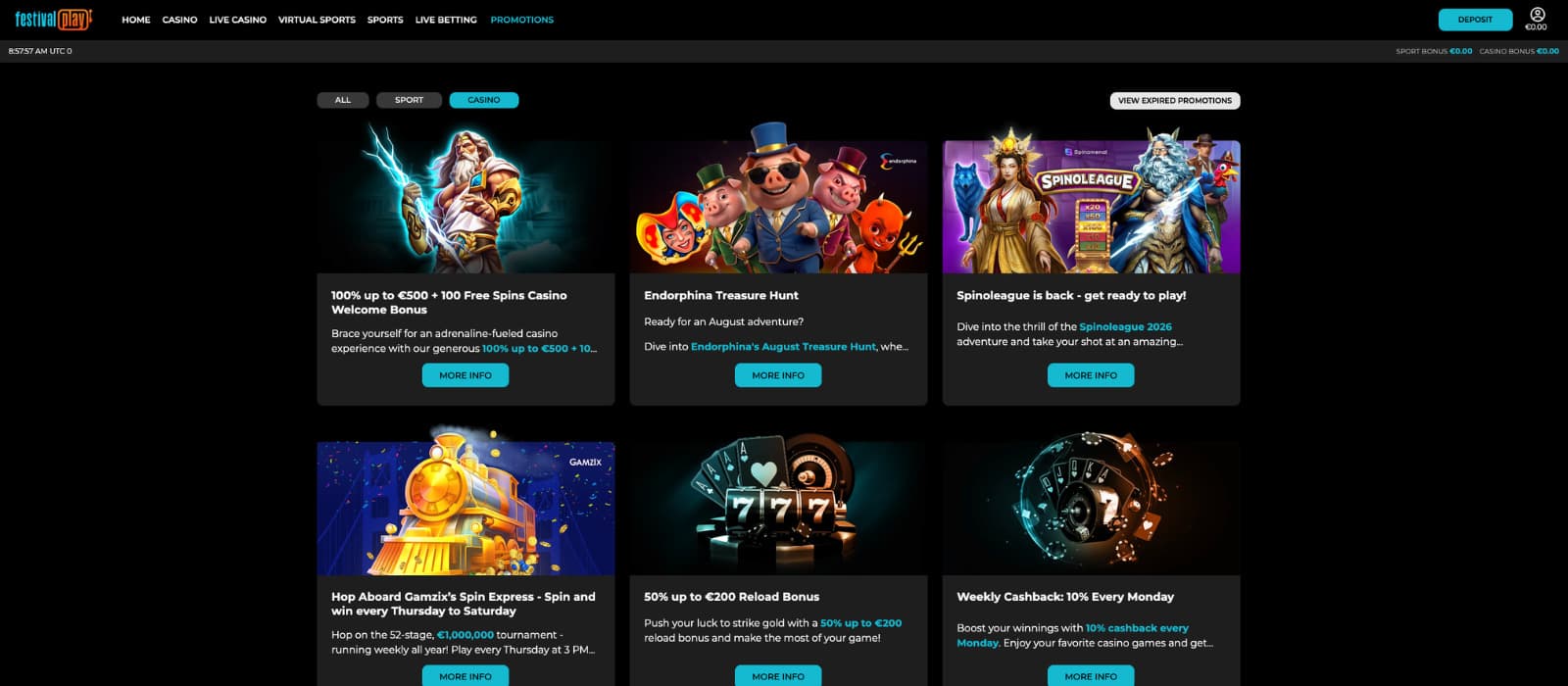 FestivalPlay Casino promotions page displaying casino offers including a welcome bonus, reload bonus, weekly cashback, and provider promotions.