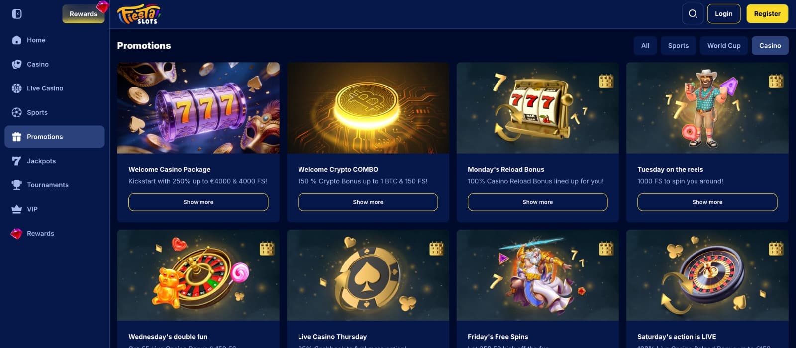 FiestaSlots Casino bonus page displaying welcome bonuses, free spins offers, cashback promotions, reload deals, and ongoing player rewards in a vibrant casino interface.