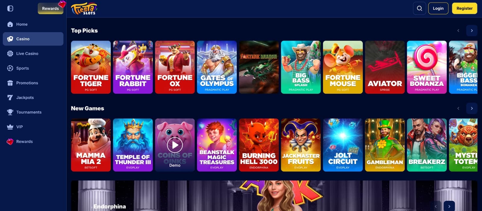 FiestaSlots Casino game page showcasing online slots, live casino titles, and featured games with colorful thumbnails, provider filters, search tools, and category navigation.