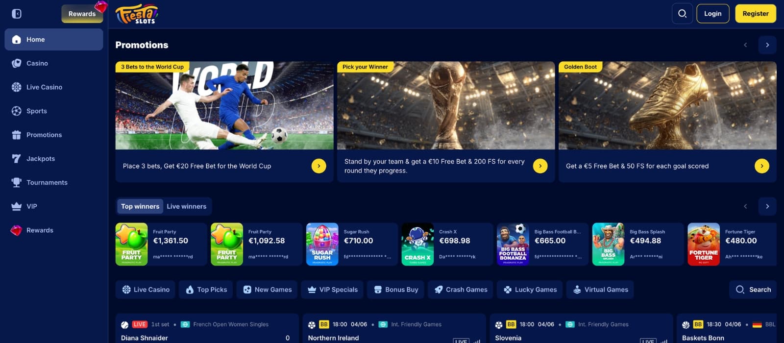 FiestaSlots Casino homepage featuring a colorful fiesta-themed design with promotional banners, featured slot games, jackpot highlights, and navigation for casino categories and player rewards.