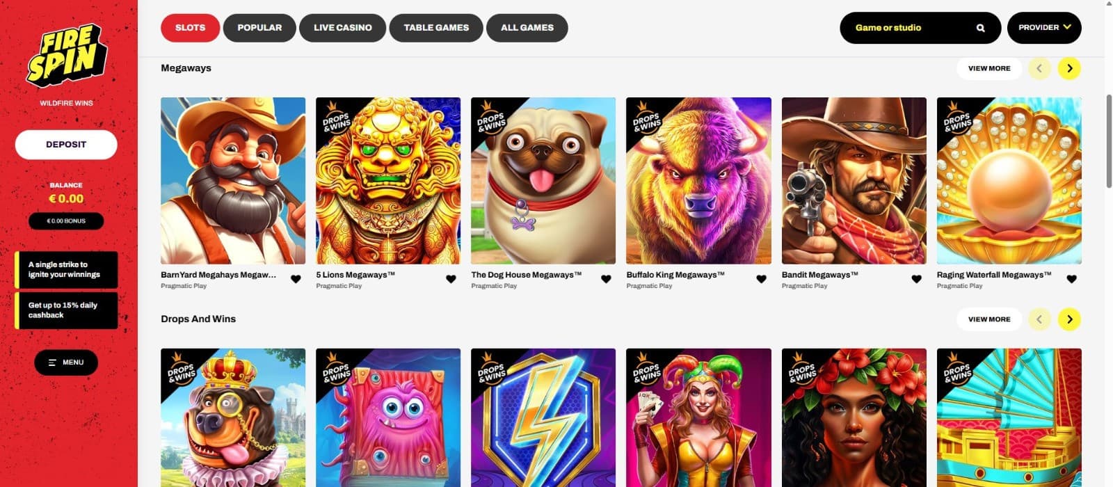 The games page of Firespin Casino presents the most popular slot games, such as 5 Lions Megaways, The Dog House Megaways, and more.