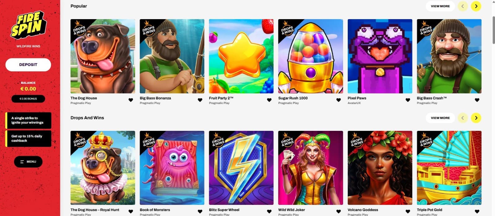 The landing page of Firespin Casino showcases the popular game titles, such as The Dog House, Big Bass Bonanza, and more.