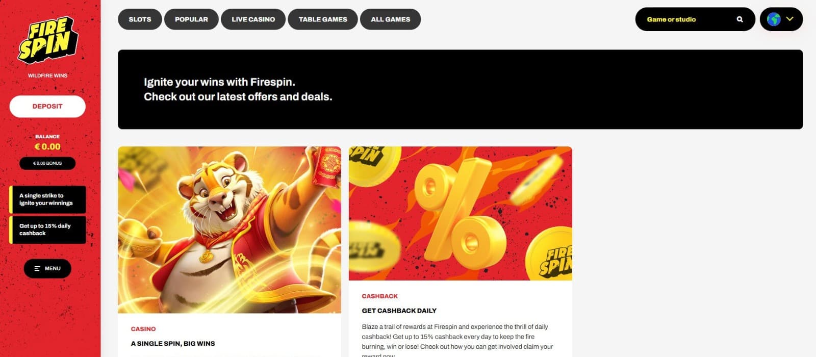 The promotions page of Firespin Casino showcases the casino bonuses, such as A Single Spin, Big Wins and the cashback bonus.