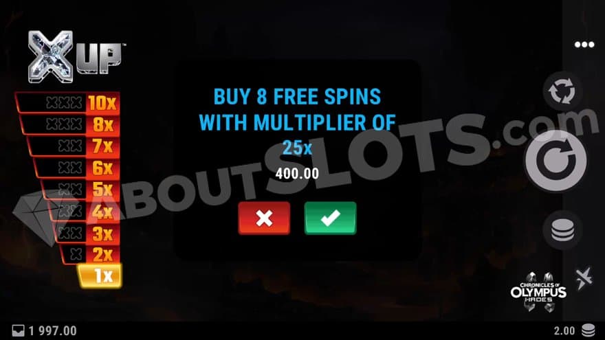 A menu offering 8 Free Spins with a 25X multiplier for 200X the bet.