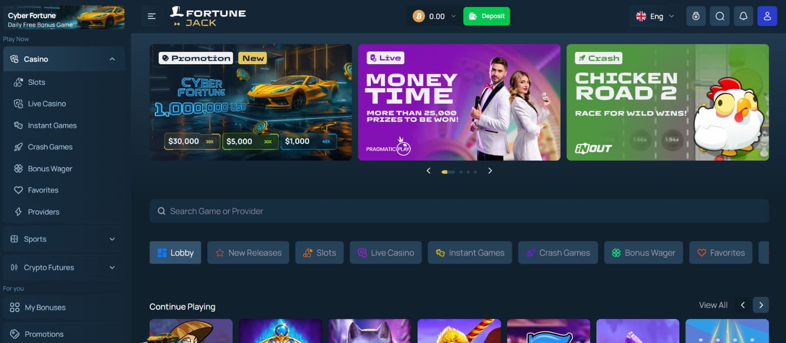 FortuneJack casino games page displaying slot categories, live casino, crash games, and provider filters.