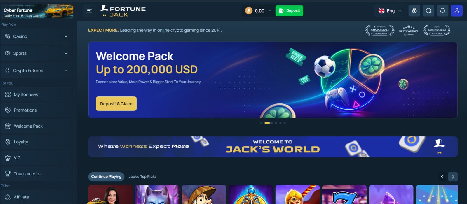 FortuneJack landing page with welcome bonus up to 200,000 USD and quick-access menu for games, promotions, and loyalty features.