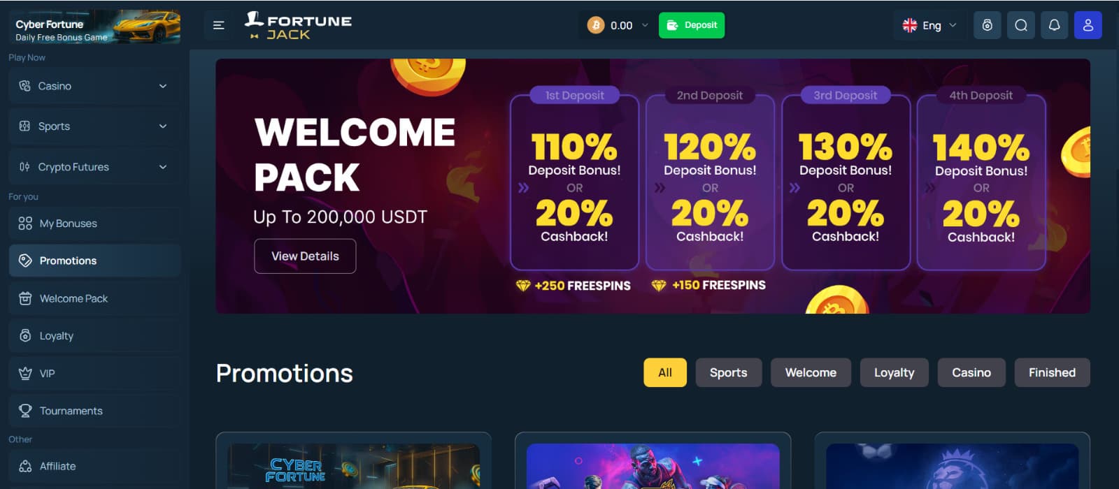 FortuneJack promotions page featuring the multi-tier welcome bonus and cashback options for new players.