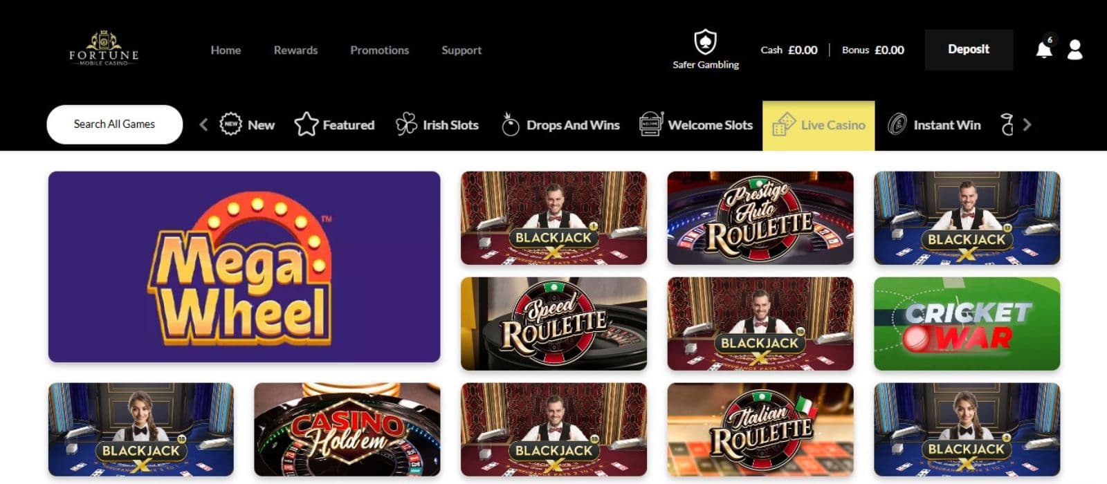 Fortune Mobile Casino games page showing a few selected slot titles and the game categories on top. 