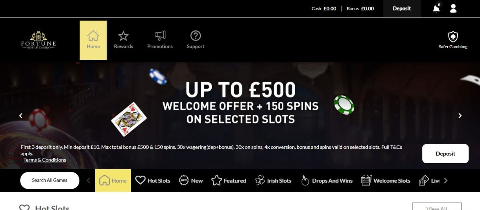 Fortune Mobile Casino landing page showing the welcome offer, some games, and the game categories.