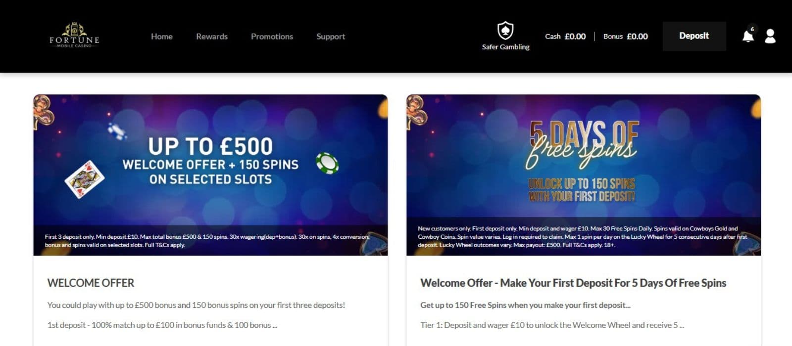 Fortune Mobile Casino promotions page showing the welcome bonus offer along with the main menu on the left side. 