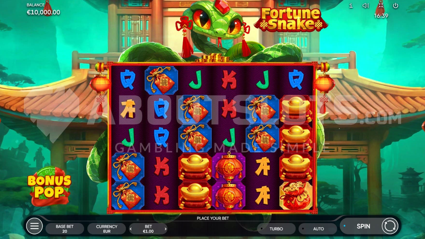 The base game playing grid with the snake above the reels
