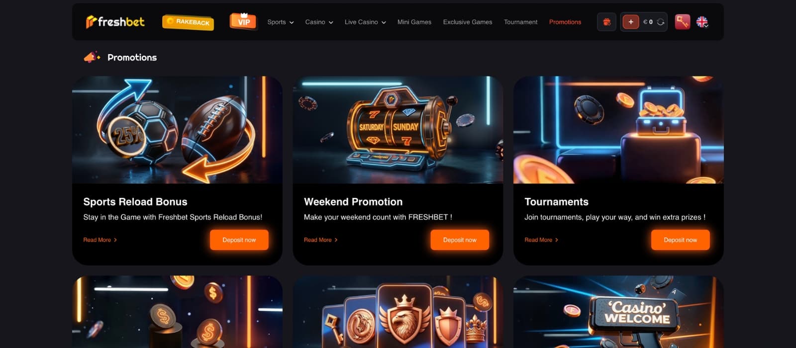 FreshBet Casino bonus page displaying welcome offers, free spins promotions, sportsbook bonuses, cashback rewards, and VIP deals in a sleek dark-themed interface.