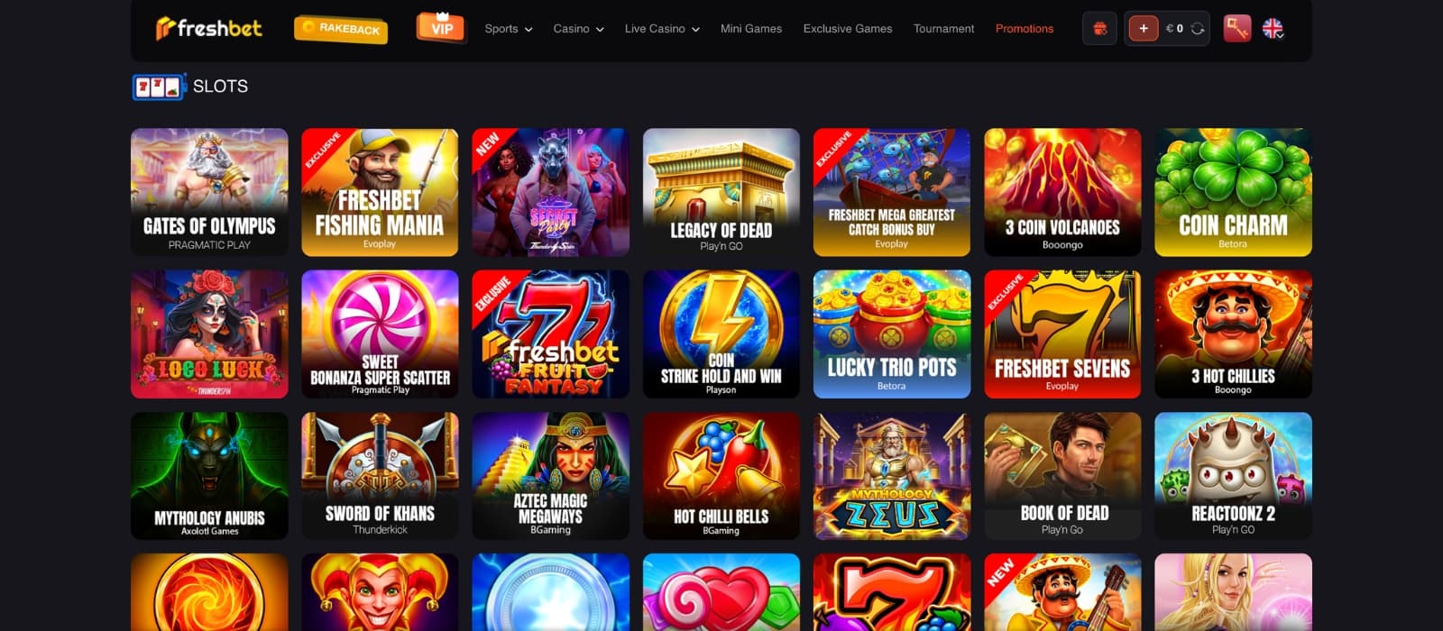 FreshBet Casino game page showcasing online slots, live casino titles, and featured games with colorful thumbnails, provider filters, and category navigation in a modern interface.