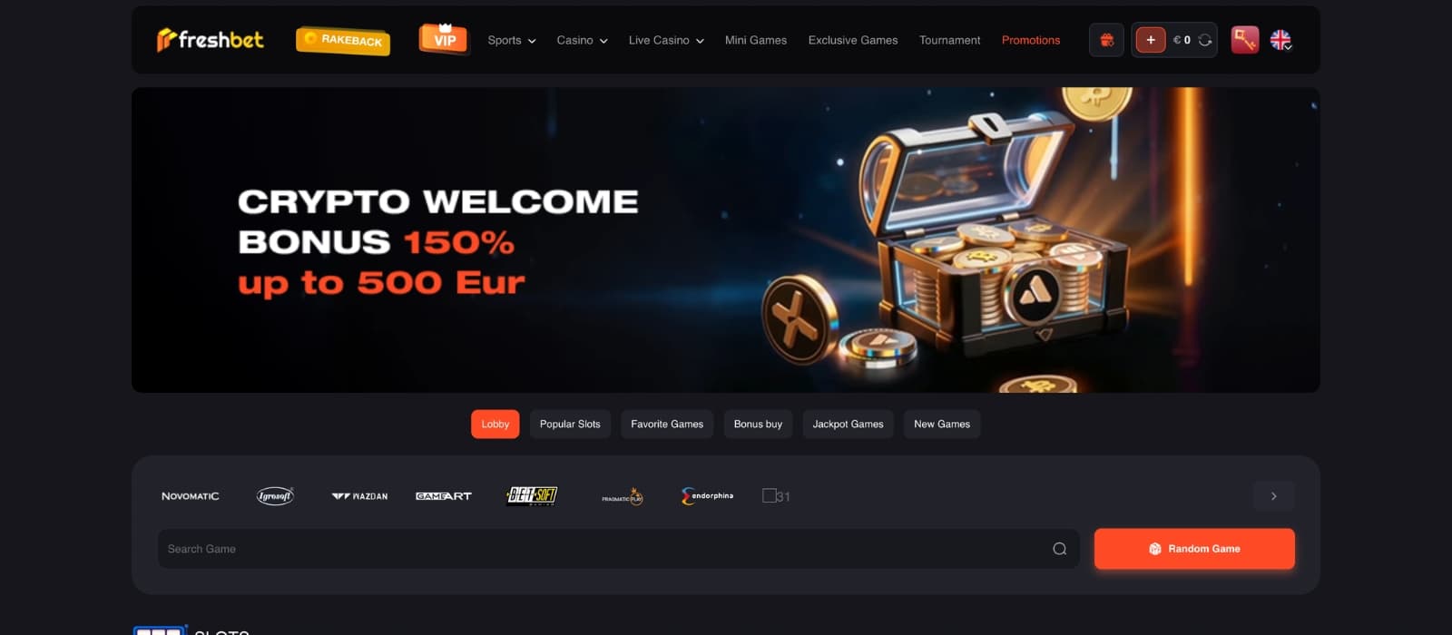 FreshBet Casino homepage featuring a modern sportsbook-inspired design with promotional banners, featured casino games, live betting sections, and navigation for casino and sports categories.