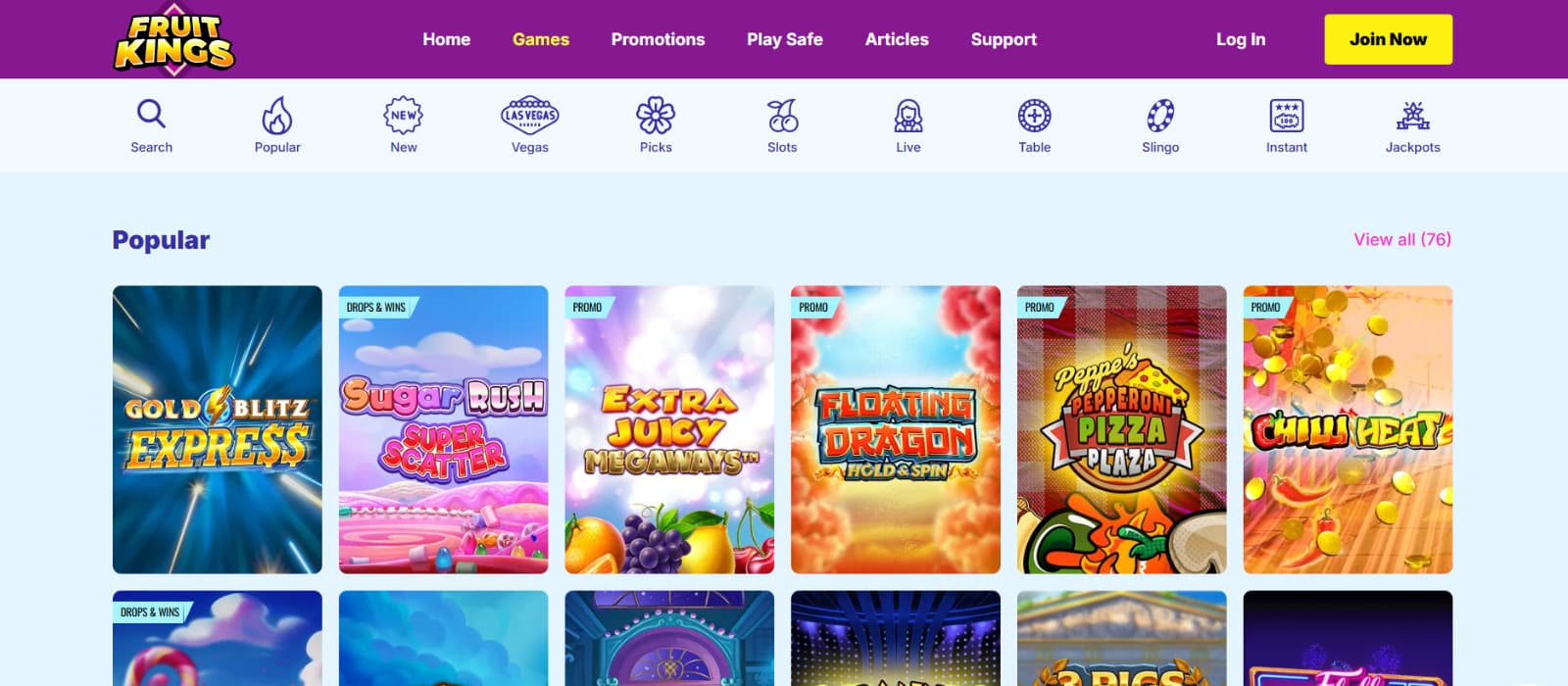 Slot play interface on FruitKings with reels and betting controls visible