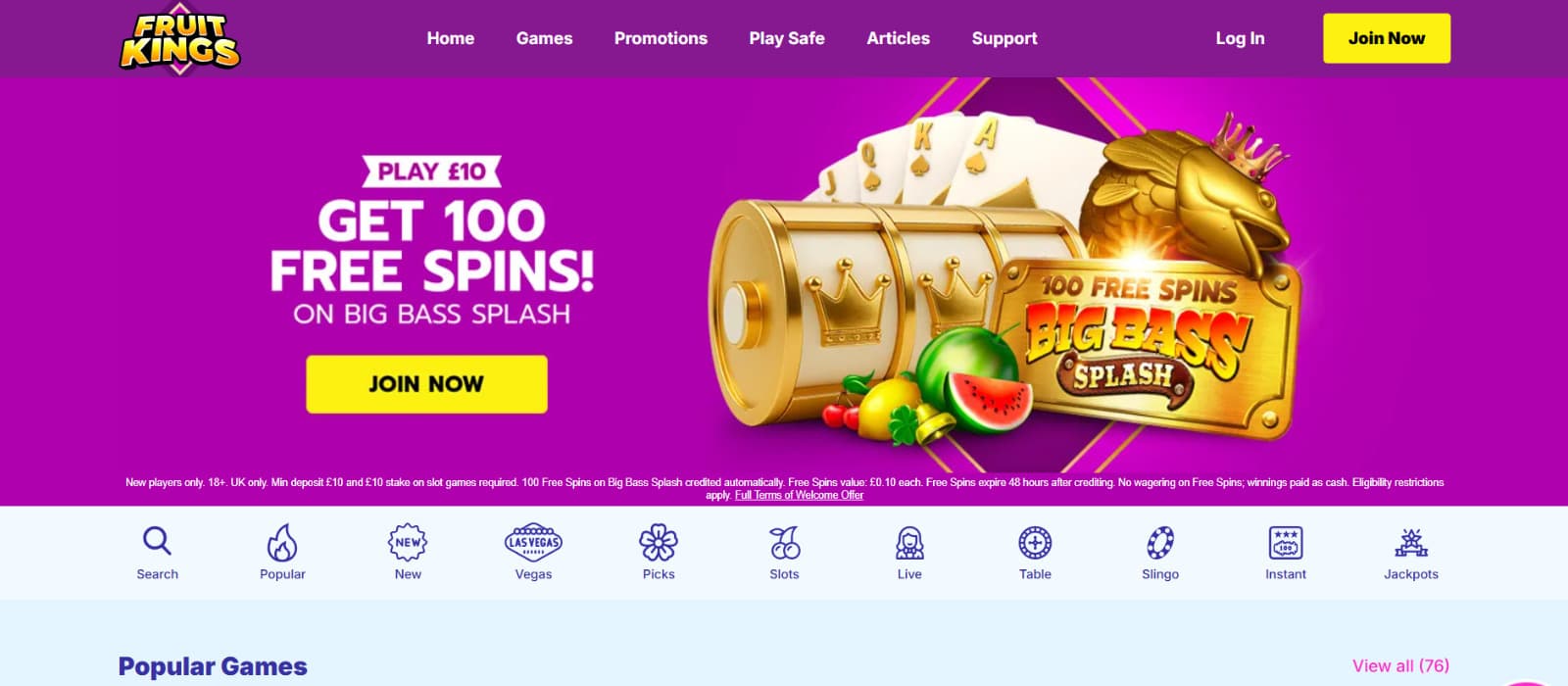 Main screen of FruitKings online casino highlighting offers and play options
