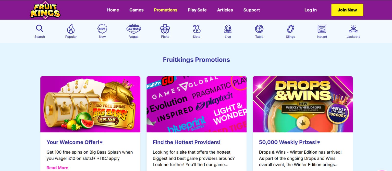 Overview of bonus options at FruitKings Casino including terms and claim details