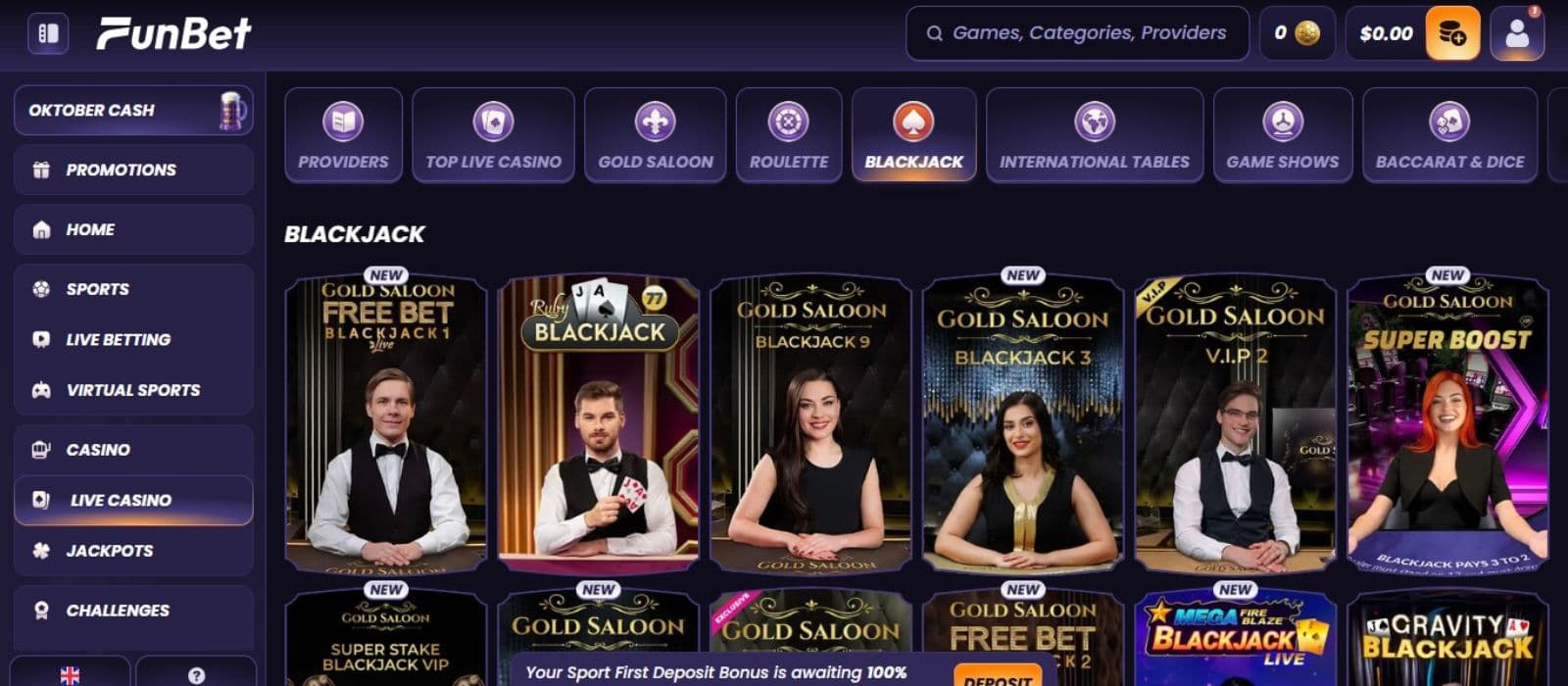 FunBet Casino's live games section, showing variations of blackjack.