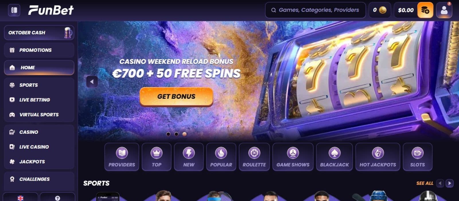 FunBet Casino's homepage, showing the weekend reload bonus worth up to €700 plus 50 free spins.