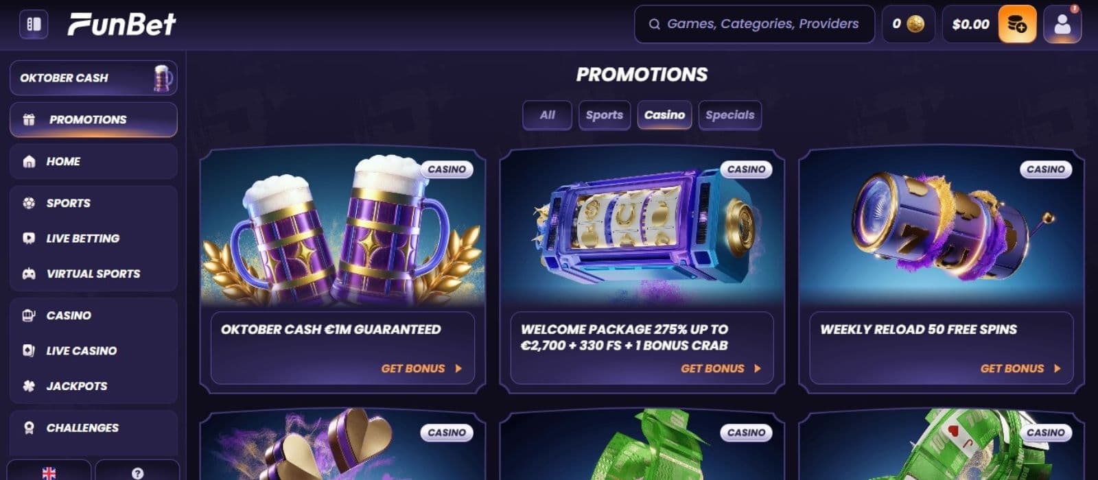 FunBet Casino's promotion page, showing the welcome bonus and weekly reload offers.