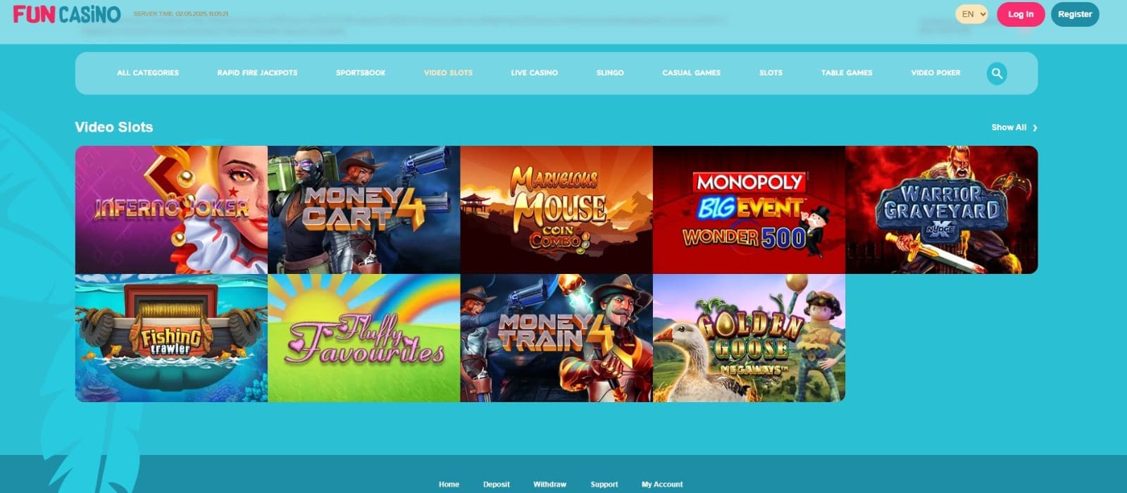 The games page of Fun Casino showcases the popular video slot titles, such as Money Cart 4,  Warrior Graveyard, and more. 