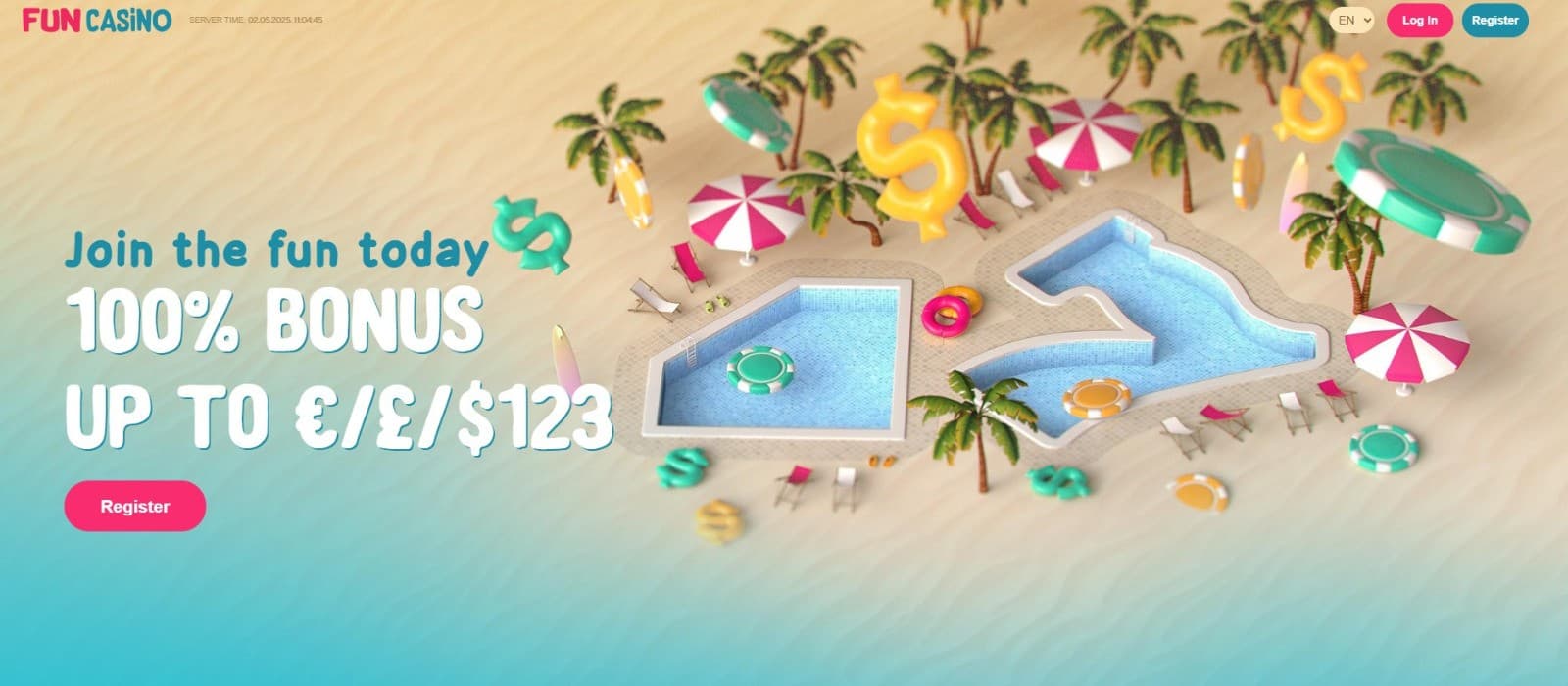  The landing page of Fun Casino presents the welcome bonus of 100% up to 123 euros.