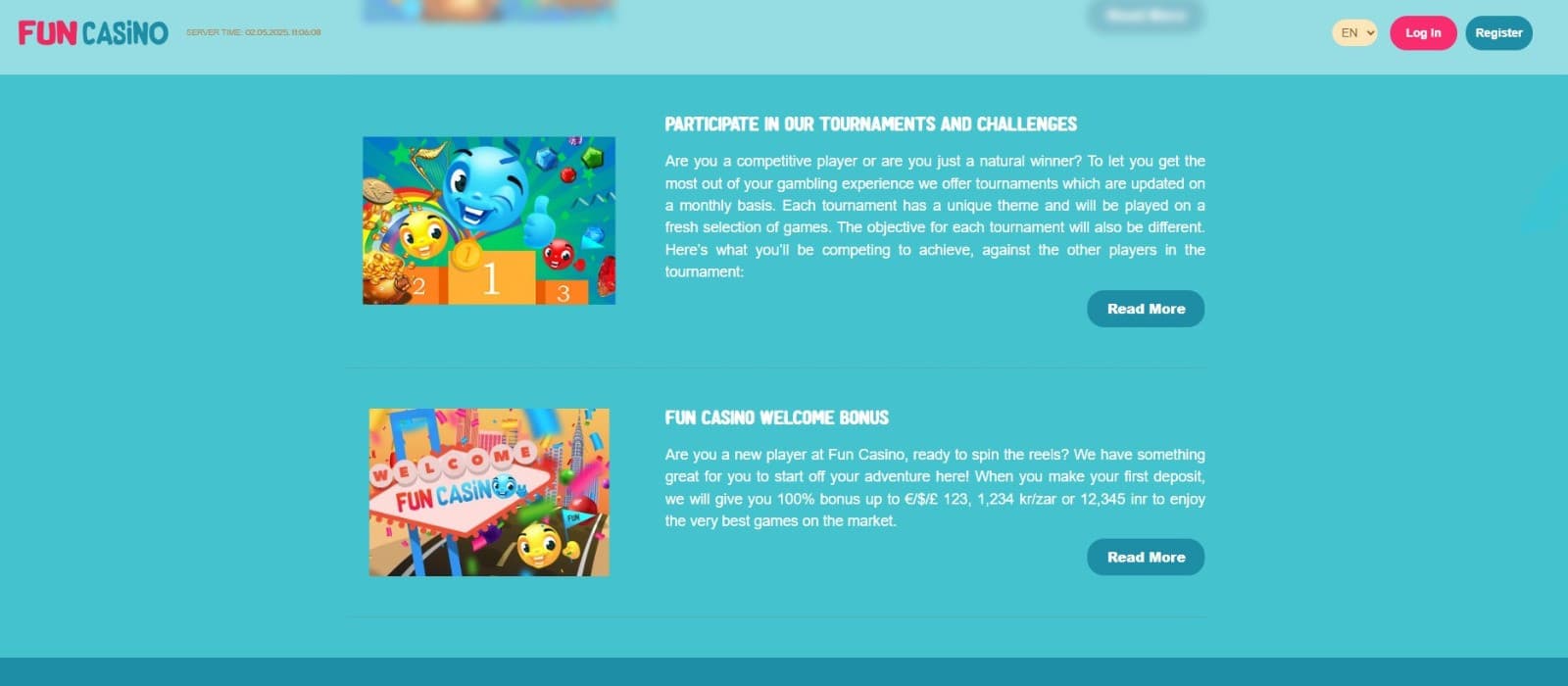 The promotions page of Fun Casino displays the casino bonuses, such as the welcome bonus.