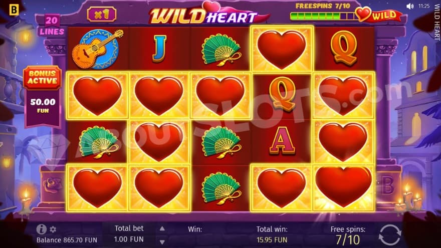 Free Spins bonus game with eleven wild heart symbols on the reels.