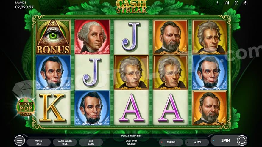 Five reels containing royal symbols and five of the men from US dollar bills.