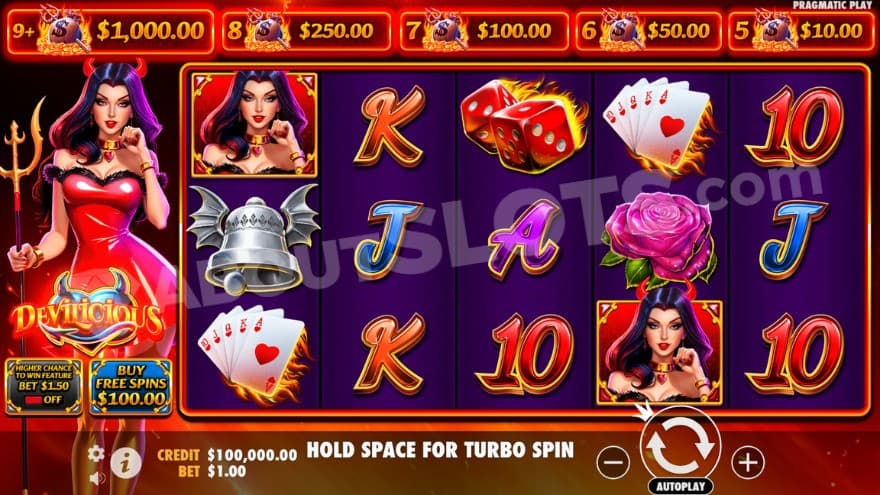 Base game with the devil on the left side of the reels.