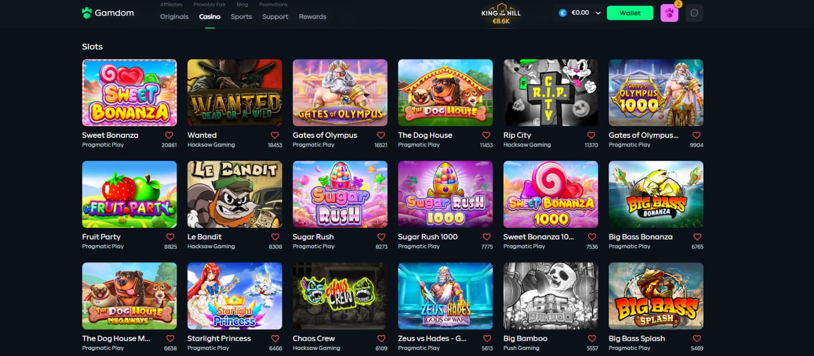Gamdom Casino games page showing popular slots such as Sweet Bonanza, Gates of Olympus, The Dog House, Wanted Dead or a Wild, and Big Bass Bonanza from providers like Pragmatic Play, Hacksaw Gaming, and Push Gaming.