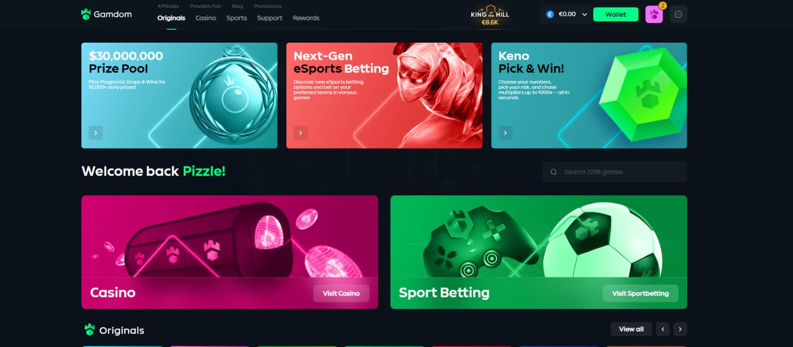 Gamdom Casino landing page highlighting Originals like Crash and Plinko, casino and sports betting sections, plus featured promotions including a $30,000,000 prize pool and next-gen esports betting.