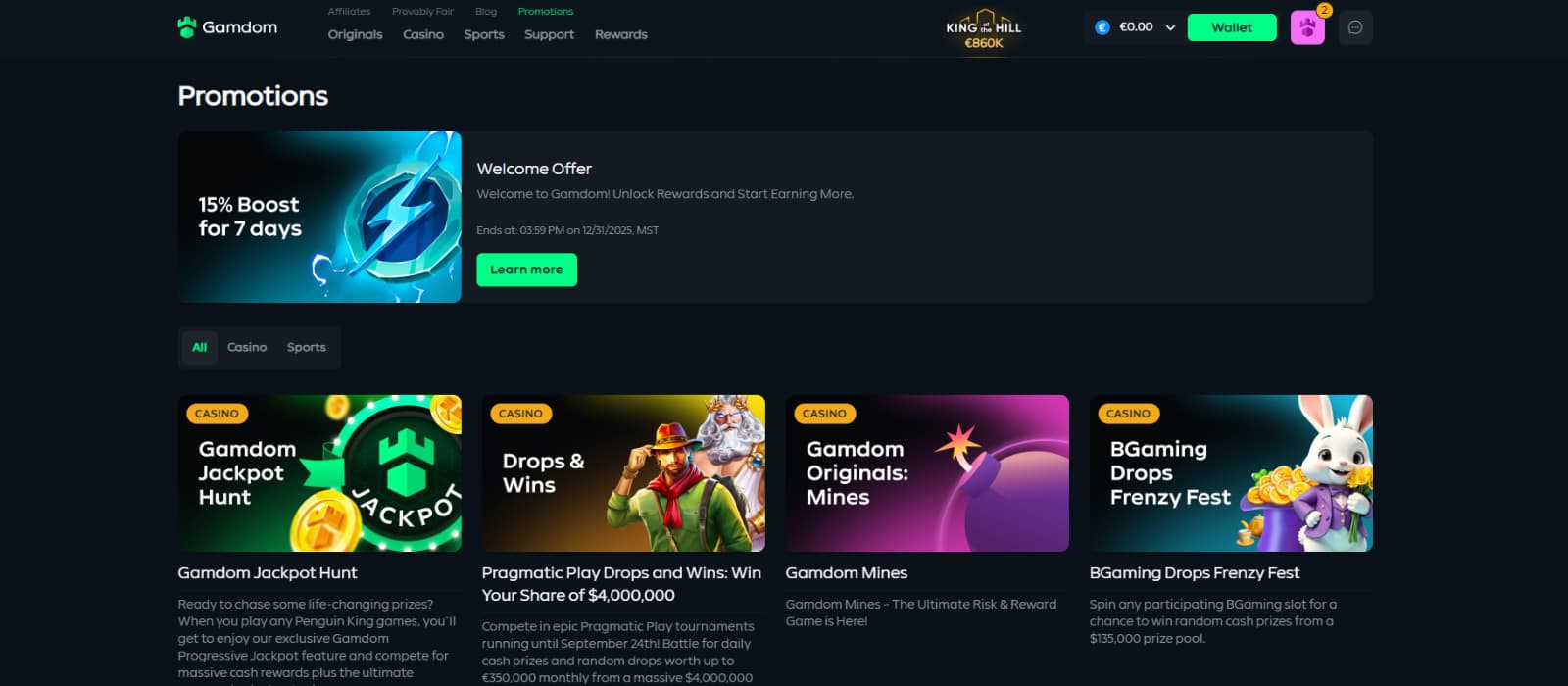 Gamdom Casino promotions page displaying the 15% welcome rakeback boost for 7 days, along with ongoing offers like Gamdom Jackpot Hunt, Pragmatic Play Drops & Wins, Gamdom Originals Mines, and BGaming Drops Frenzy Fest.