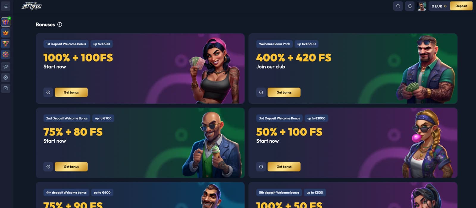 Gangsta Casino bonus page outlining the full welcome package, including multiple deposit bonuses and free spins.