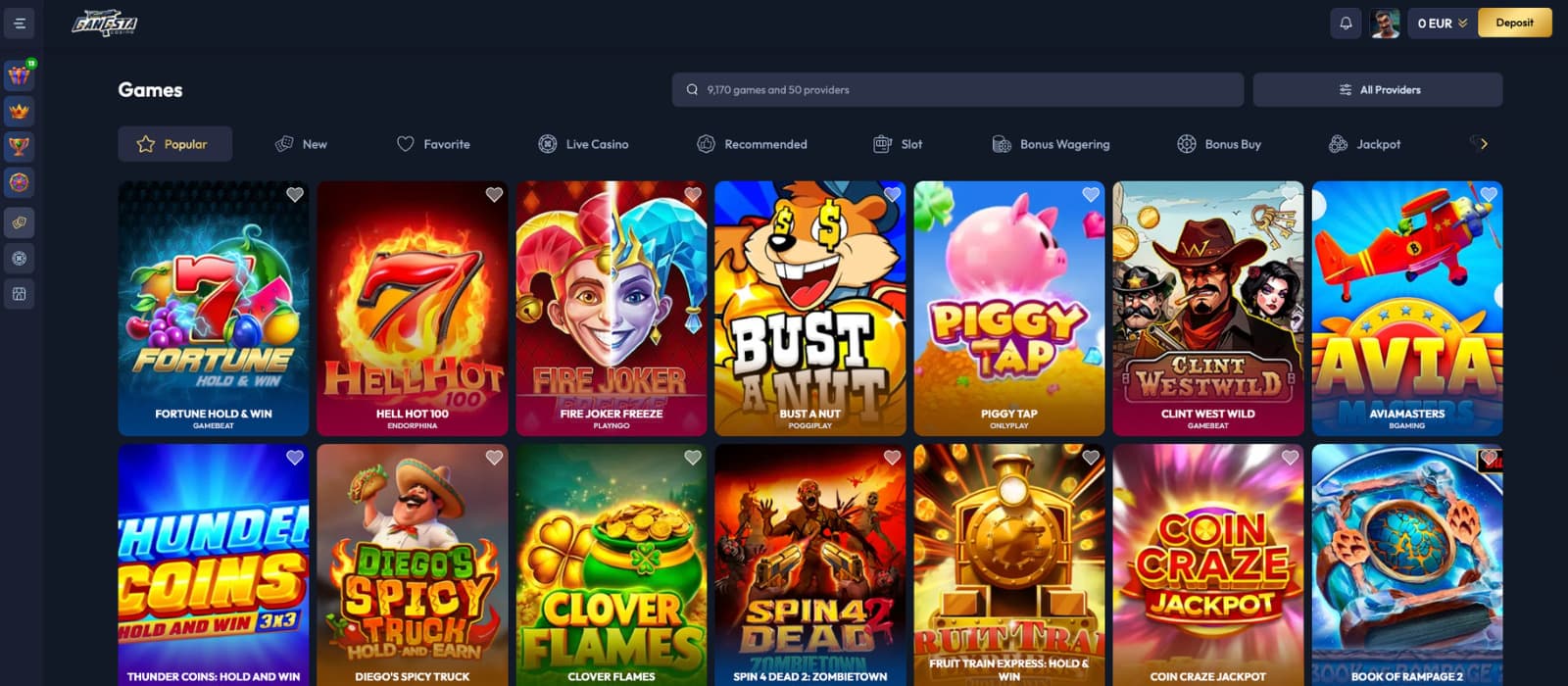 Gangsta Casino bonus page outlining the full welcome package, including multiple deposit bonuses and free spins.