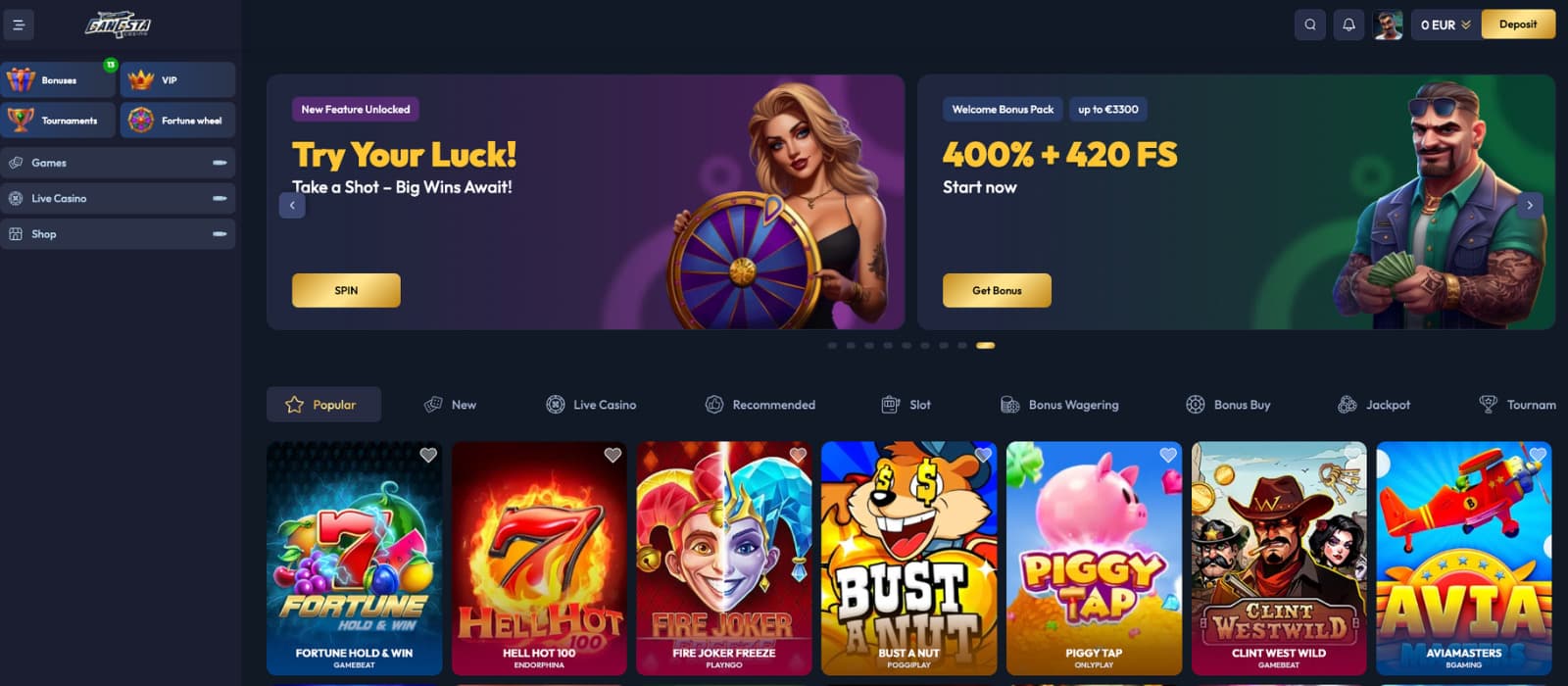 Gangsta Casino landing page showcasing the welcome bonus, promotions slider, and a selection of featured slot games.
