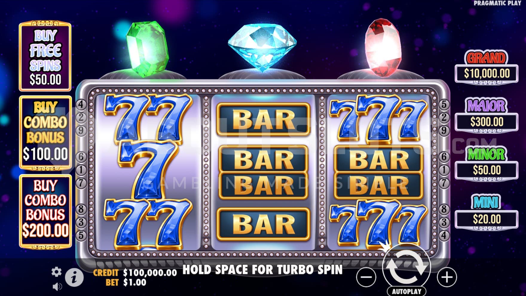 The playing grid is filled with BAR and 7 symbols, as well as surrounded by Jackpots, Feature Buys, and Gems