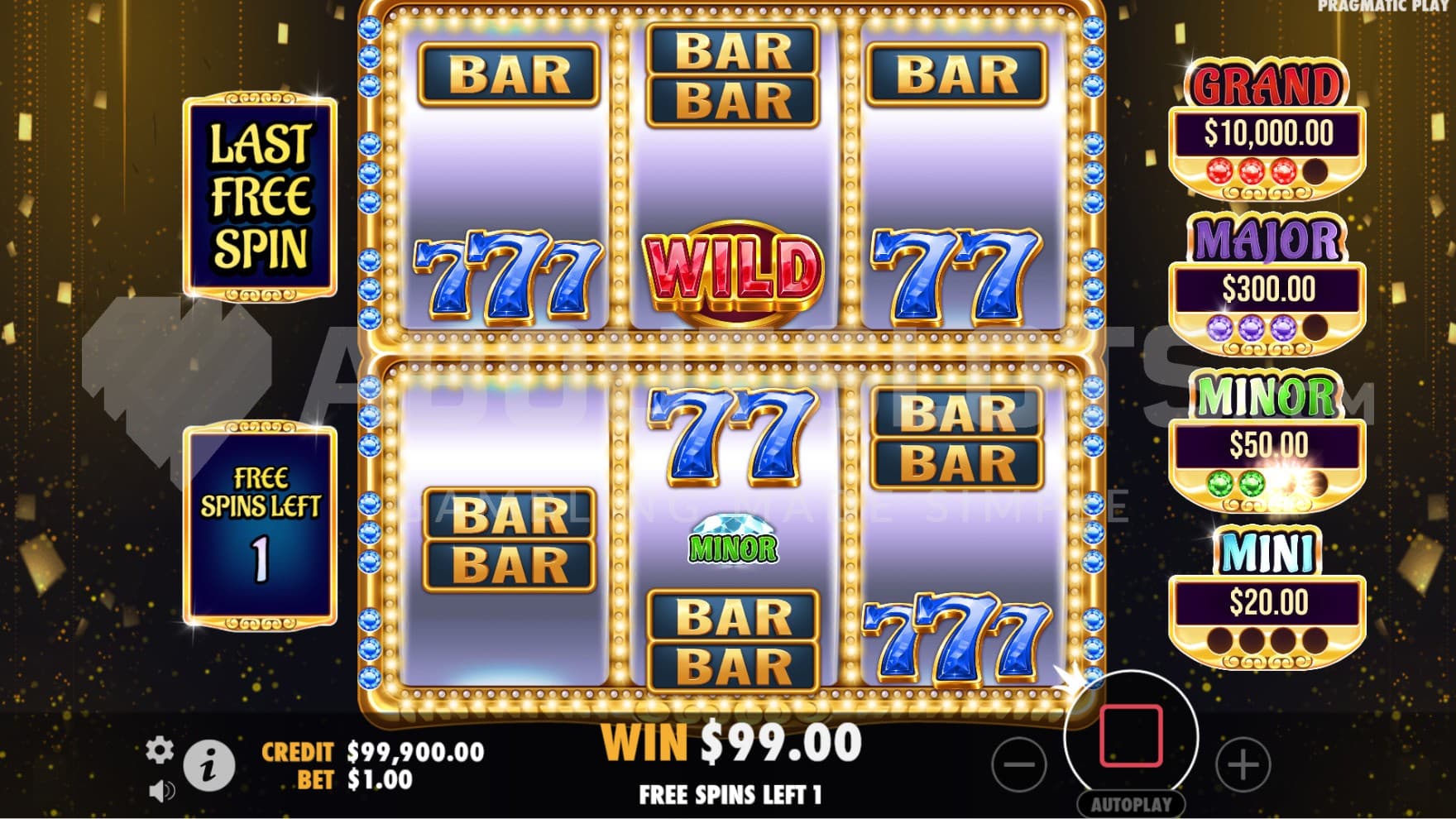 The Free Spins feature is triggered with  the Ruby modifier, allowing you to play on 2 playing grids at the same time