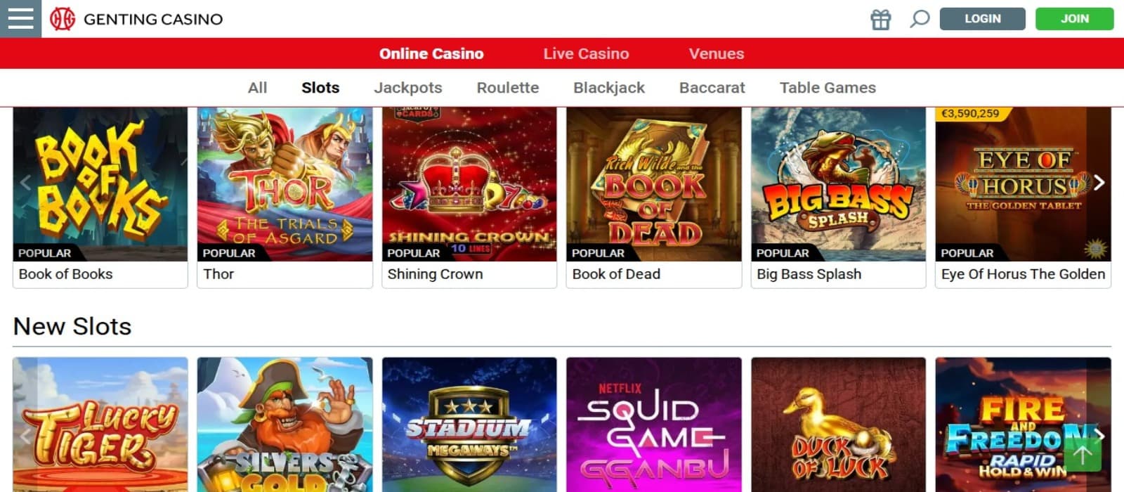 Genting Casino games page with the slot game icons according to game categories and top navigation menus