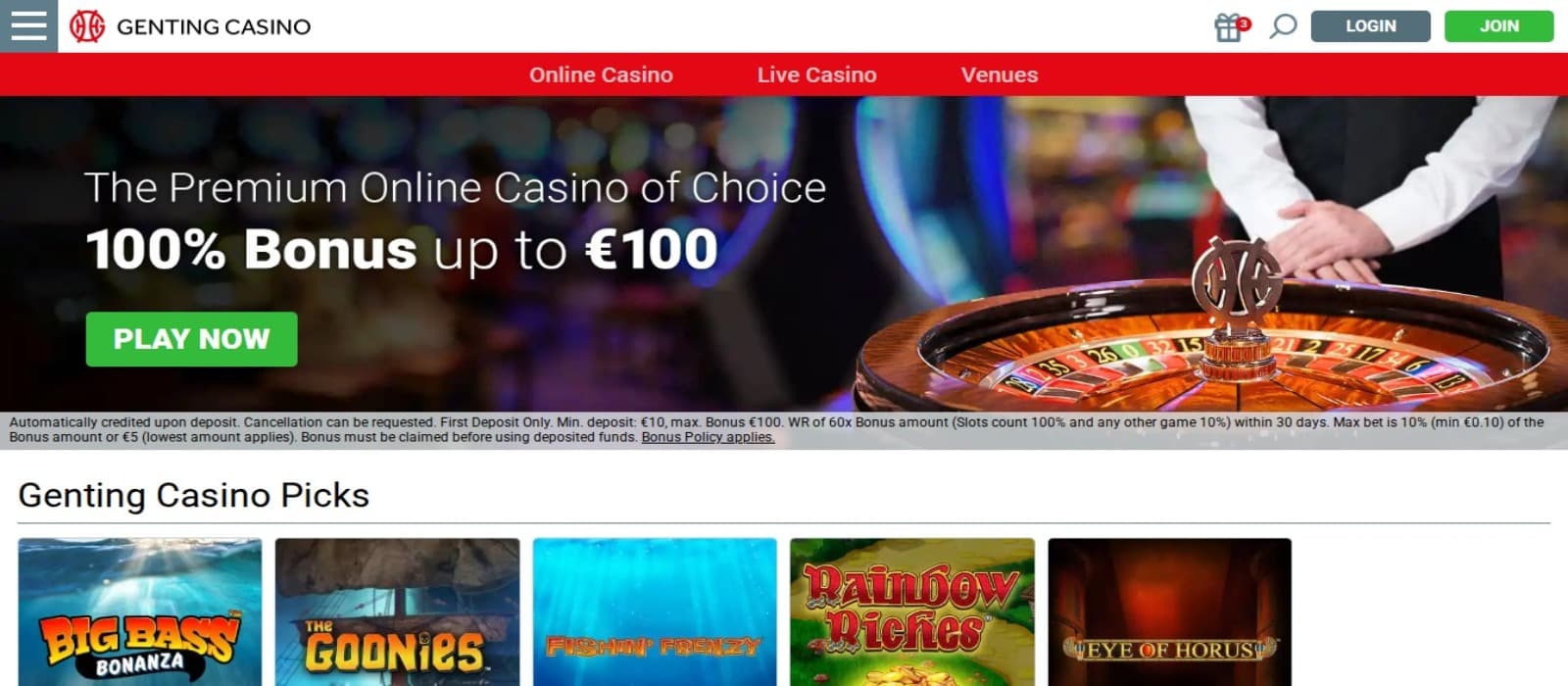 Genting Casino landing page with the welcome bonus offer banner and slot game icons below