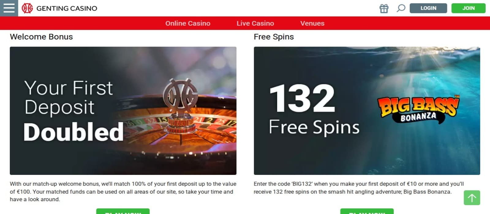 Genting Casino promotions page with the bonus offer banners and top navigation menus