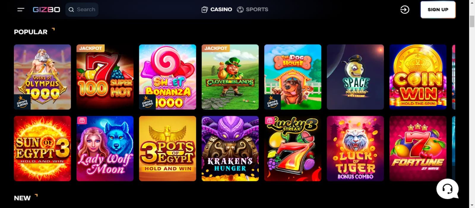 Gizbo Casino games page with the various colorful slot game icons under popular category with a black background and login option at the top.