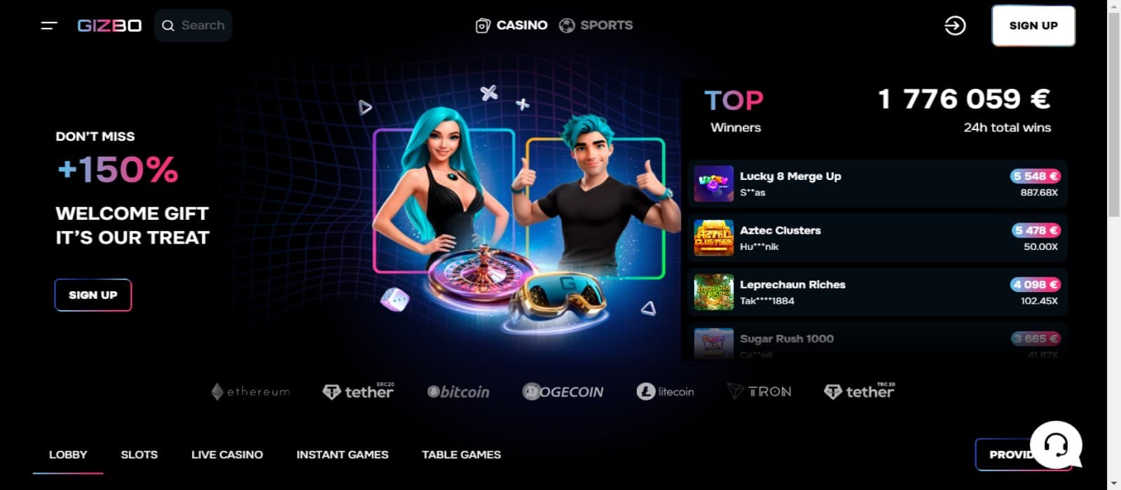 Gizbo Casino landing page with the welcome bonus offer banner showcasing animated tech related male and female figures and results of the top tournament rewards.