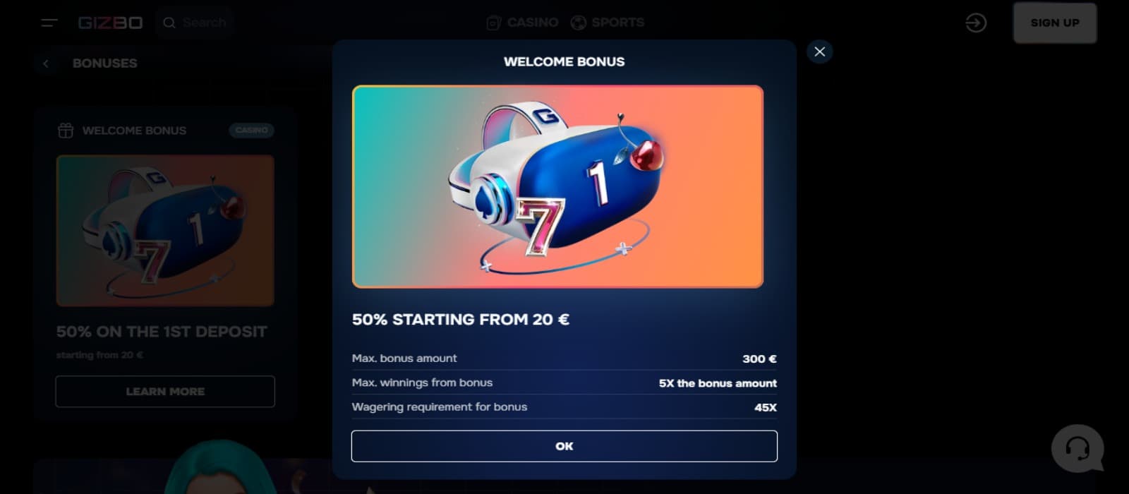 Gizbo Casino promotions page with the welcome bonus offer banner and other offer banners at the background