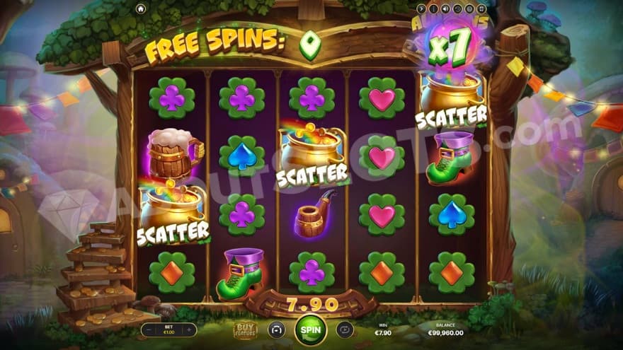 Free Spins bonus game with a current 7X win multiplier up at the right corner of the reels.