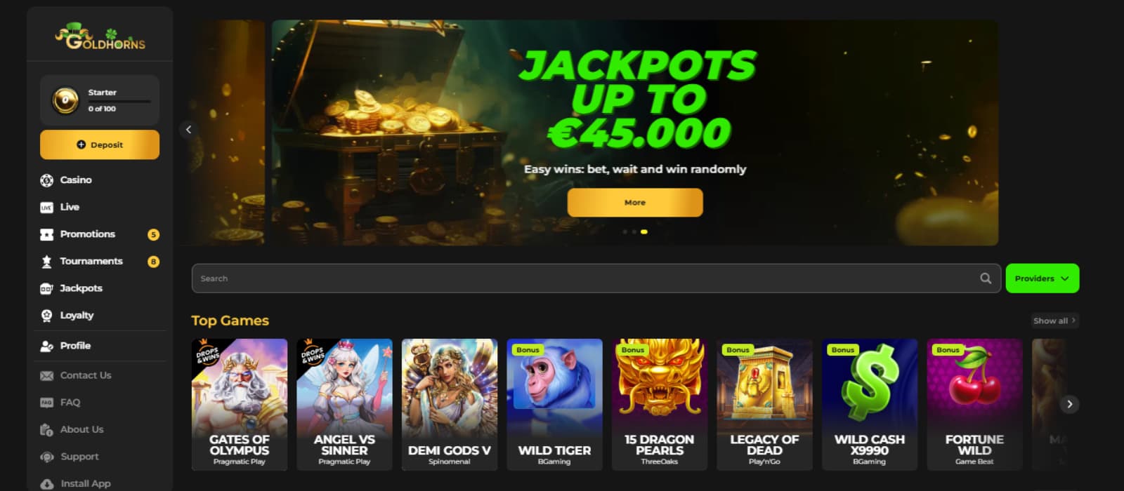 GoldHorns Casino landing page showing the Jackpots welcome bonus and other curated games. 
