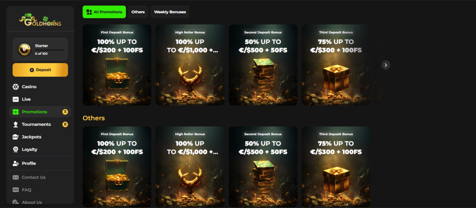 GoldHorns Casino promotions page showing different welcome bonus and other promotion packages. 
